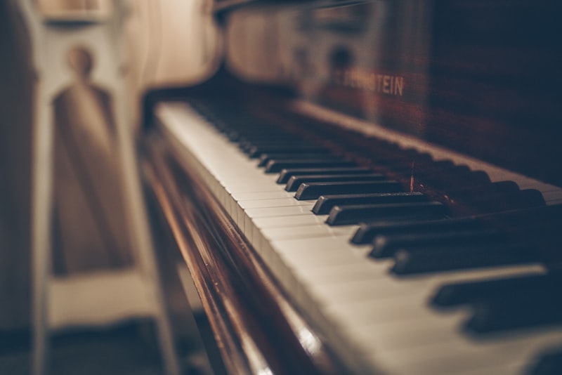 A close-up of the black and white keys of a piano.